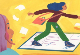 Illustration of a woman gliding across a document