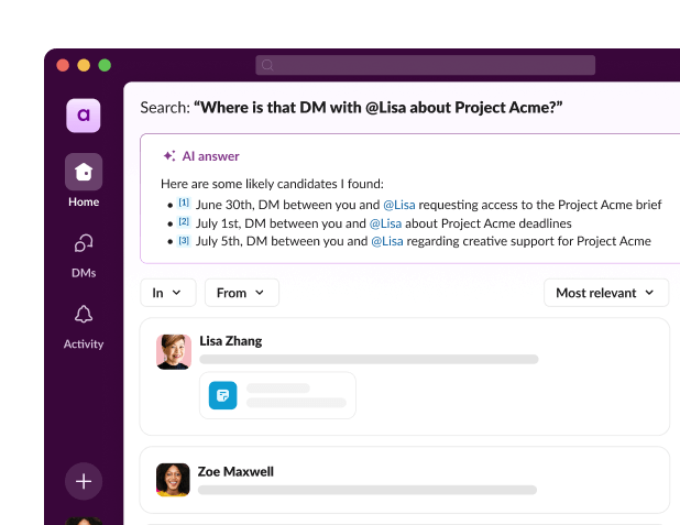 A search results page displays Al answers to a direct message inquiry.