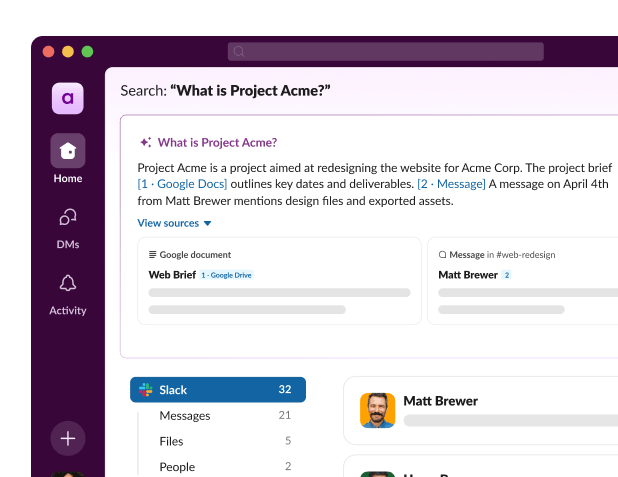 Slack search UI shows answers for the question "What is Project Acme?".