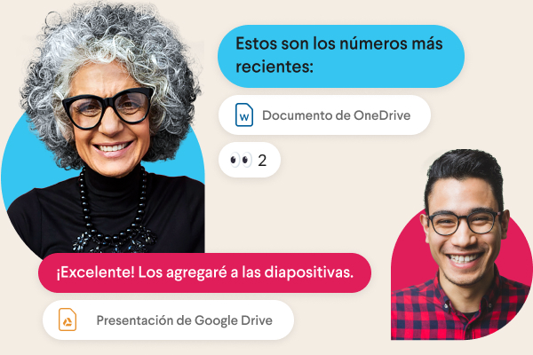Un canal de Slack rodeado de fotos de perfil de personas y nombres de canal, como "equipo-diseño" y "facturación"
