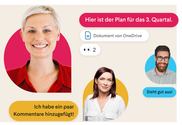 Zwei Teammitglieder, die sich unterhalten, während sie von stilisierten Slack-Nachrichten und einer Hand umgeben sind, die an das Daumen-hoch-Emoji erinnert