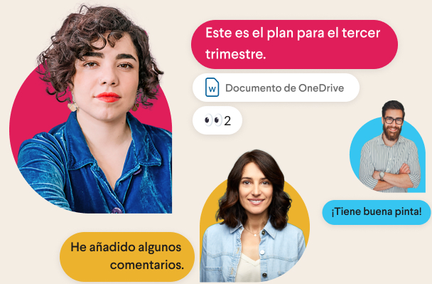 Dos compañeras de trabajo hablando rodeadas de representaciones de mensajes de Slack y una mano imitando el emoji del pulgar hacia arriba