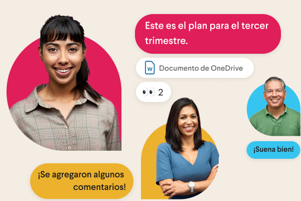 Dos compañeros de equipo rodeados de mensajes de Slack estilizados y una mano imitando el emoji de pulgar hacia arriba
