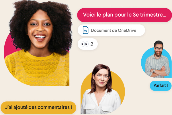 Deux collaborateurs qui discutent, entourés de messages Slack stylisés et d’une main recréant l’émoji pouce levé