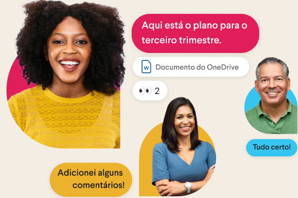 Duas equipes conversando enquanto estão rodeadas por mensagens estilizadas do Slack e uma mão imitando o emoji de polegar para cima