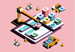 An illustrated construction site where app icons are used as building blocks.