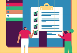 An illustration of people standing in front of an oversized checklist in Slack.