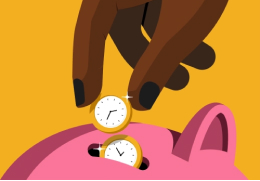 An illustrated hand dropping timepieces into a piggy bank.