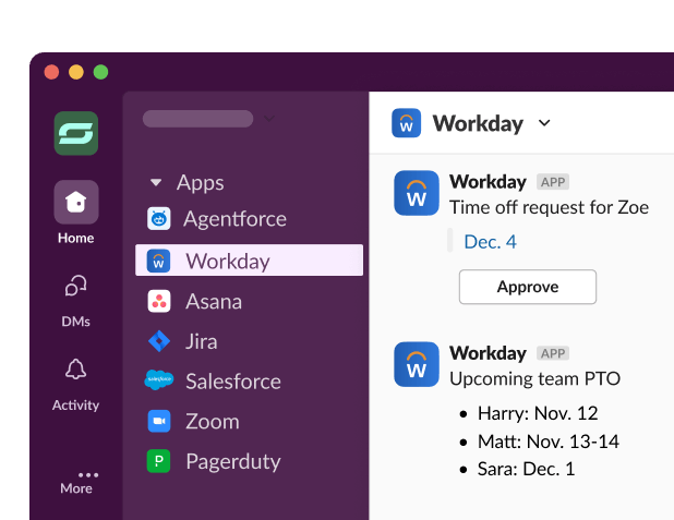 The Workday app in Slack displays app notifications and approval options.