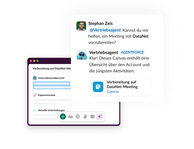 Ein Chat mit einem Agenten zeigt einen Prompt und ein angebotenes Canvas.