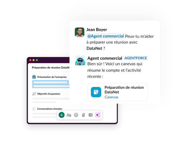 Une conversation avec un agent présente une invite et propose un canevas.