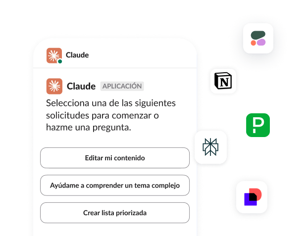 La aplicación de Claude en Slack mostrando opciones tales como la de editar contenido o la de crear una lista priorizada.