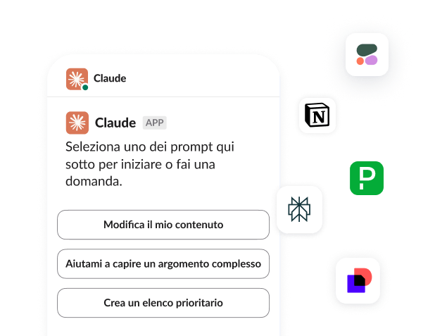 Un'app di Claude in Slack che mostra opzioni come la modifica di contenuti o la creazione di un elenco prioritario.