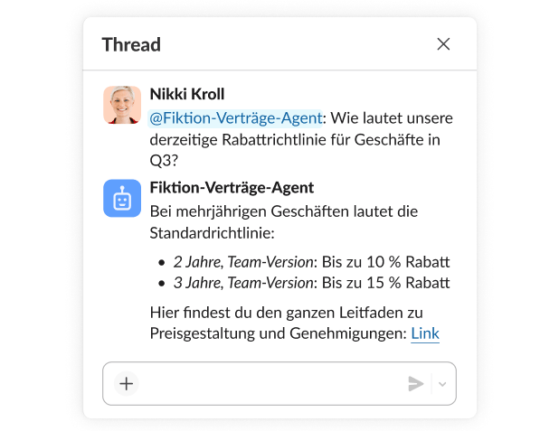 Ein Thread zwischen einer Mitarbeiterin und einem Agenten zur Rabattrichtlinie für Geschäfte.