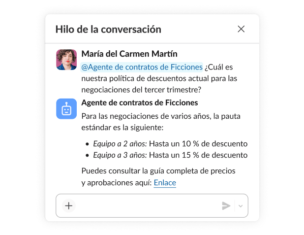 Un hilo entre una empleada y un agente sobre la política de descuentos para negociaciones.