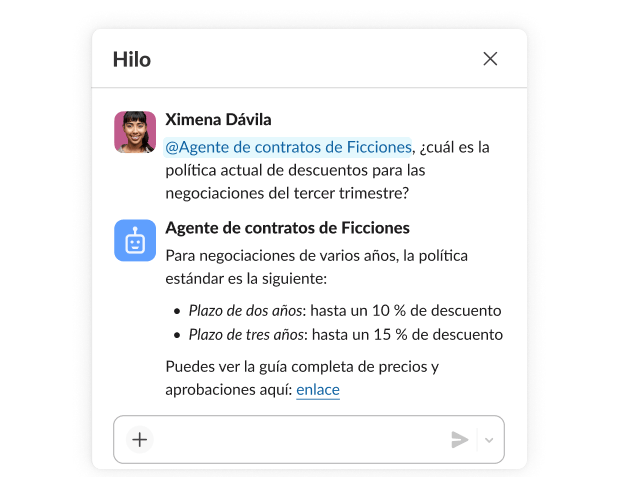 Un hilo entre un empleado y un agente sobre la política de descuentos para las negociaciones.