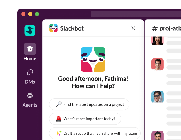A Slackbot window displays, asking how it can help.