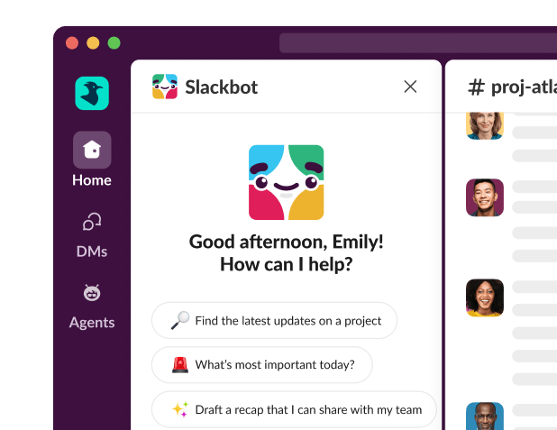 A Slackbot window displays, asking how it can help.