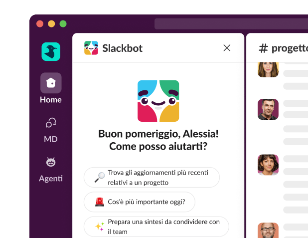 A Slackbot window displays, asking how it can help.