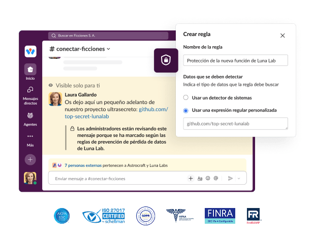 A Slack window shows a chat application with a dialog box for creating a rule.