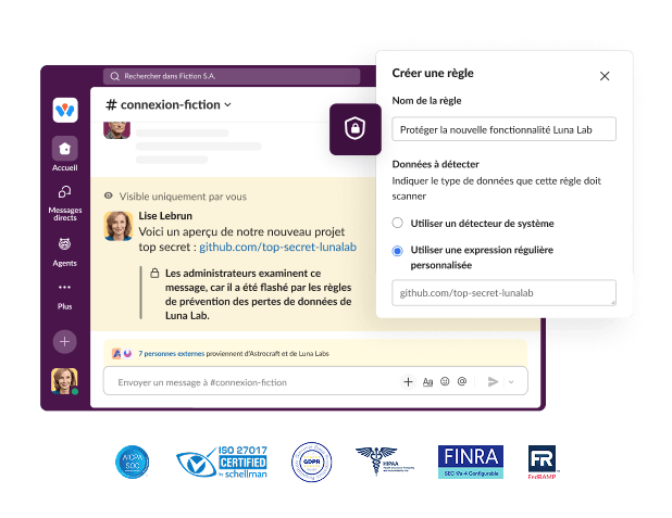 A Slack window shows a chat application with a dialog box for creating a rule.