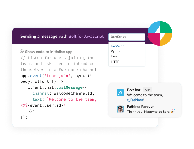 A form shows code for sending a message with Bolt for JavaScript.