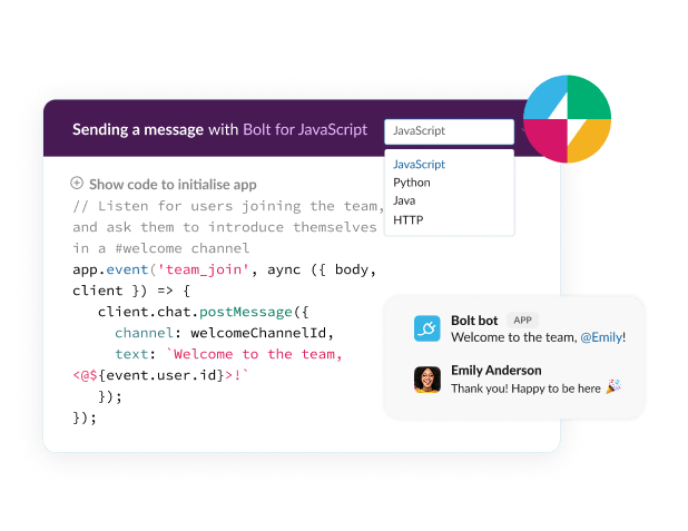 A form shows code for sending a message with Bolt for JavaScript.