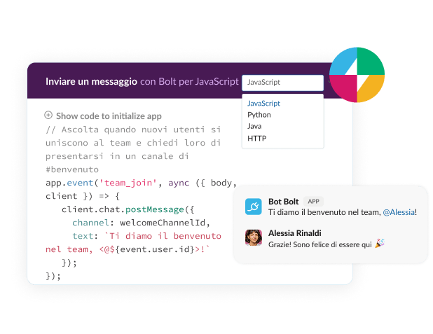 A form shows code for sending a message with Bolt for JavaScript.
