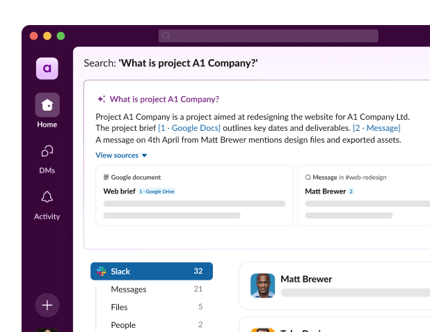 Slack search UI shows answers for the question ‘What is Project A1 Company?’.